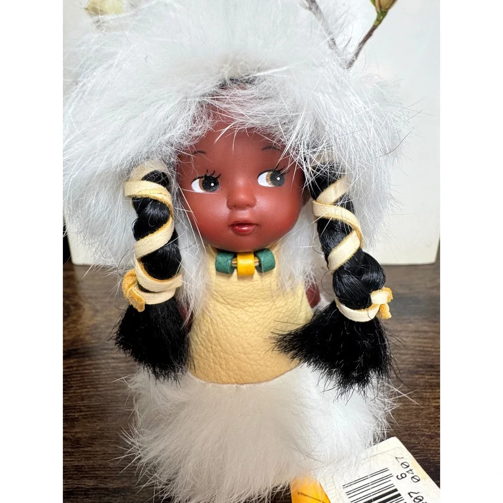 Vintage Chevreuil Doll White Fur Parka Leather Vest Birch Log Base 5